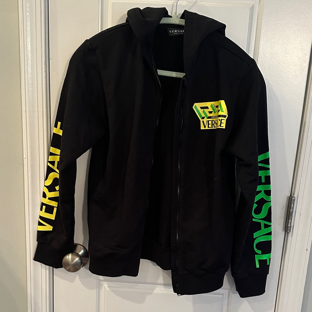 Versace Black Hoodie with Vibrant Yellow and Green Details